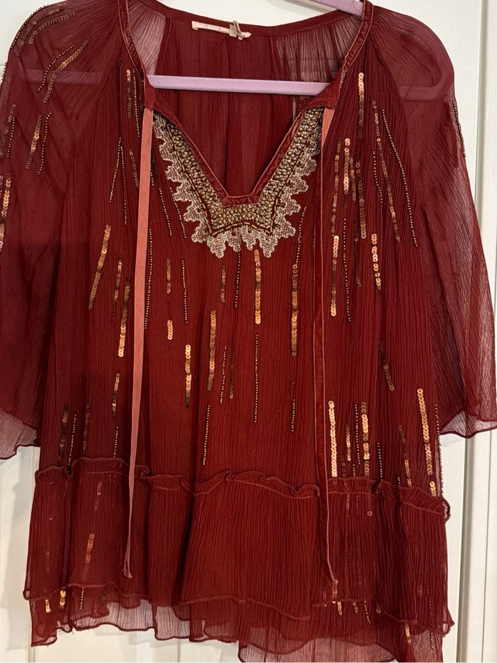 Anthropologie Floret Embellished Rust Sheer sleeves Peasant top